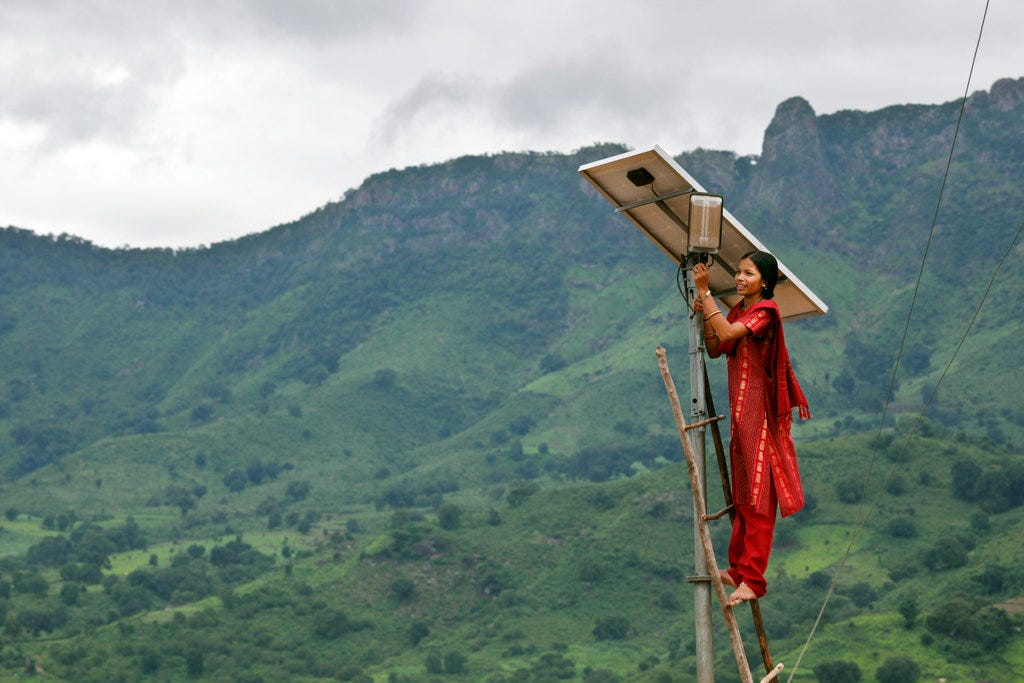 A barefoot solar engineer in the solar powered village of Tinginapu, in the Eastern Ghats of Orissa.