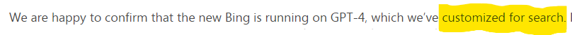 Statement in Microsoft blog about customizing GPT-4 in Bing for search