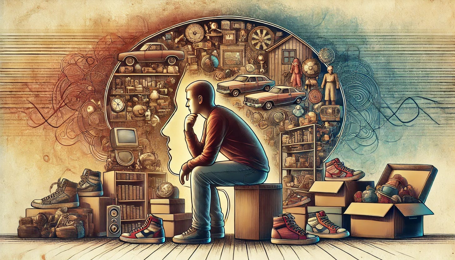 A conceptual illustration of a cluttered room filled with various collected items like books, antiques, sneakers, and toys. In the center, a person contemplates their collection with a mix of pride and anxiety. The background subtly fades into an abstract representation of the mind, symbolizing the psychological aspects of collecting and hoarding. The colors are a mix of warm nostalgia and cool introspection, creating a balanced emotional tone.
