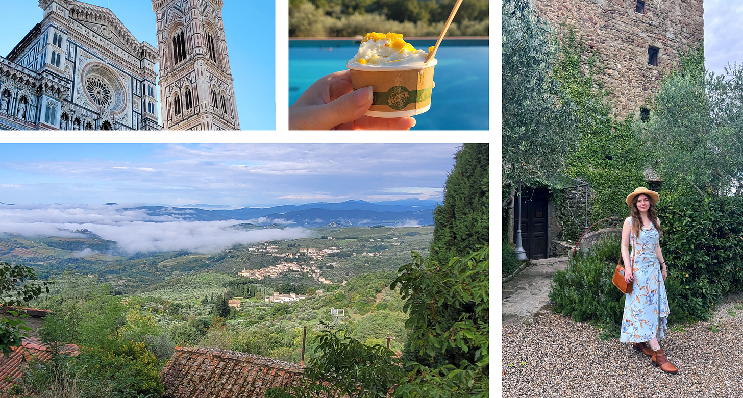 Snapshots of the Duomo, gelato, the Tuscan countryside, and Brigitta in front of a castle Snapshots of the Duomo, gelato, the Tuscan countryside, and Brigitta in front of a castle