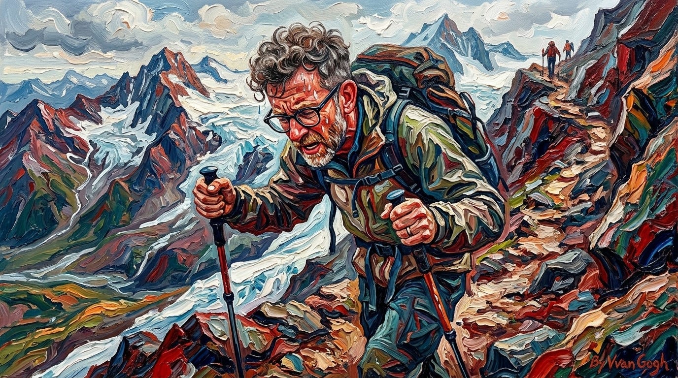 A thickly painted oil painting of me, sweating and grimacing as I haul myself up a steep rocky trail on my walking poles. Snow-capped peaks fill the background.