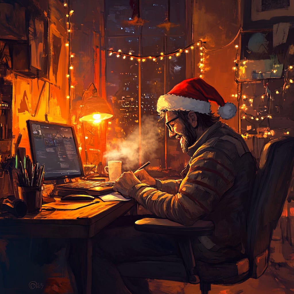 A writer wearing a Santa hat, sitting at his desk in a cozy and warmly lit writer's space. A writer wearing a Santa hat, sitting at his desk in a cozy and warmly lit writer's space.