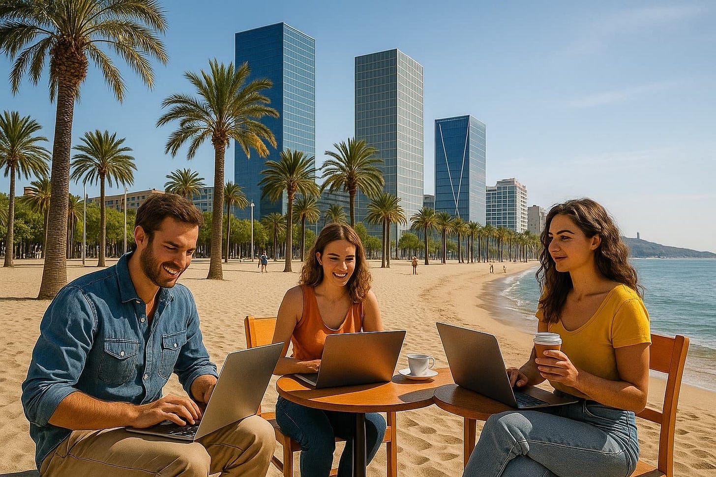 Creazione di una IA che ha messo tre persone a lavorare al pc mentre siedono su sedie di legno conficcate sulla sabbia. Loro sorridono e hanno pure dei caffè da bere. Dietro, palme a simulare il Paseo Maritimo di Barceloneta, e alti grattacieli che vorrebbero imitare quelli della Vila Olimpica.