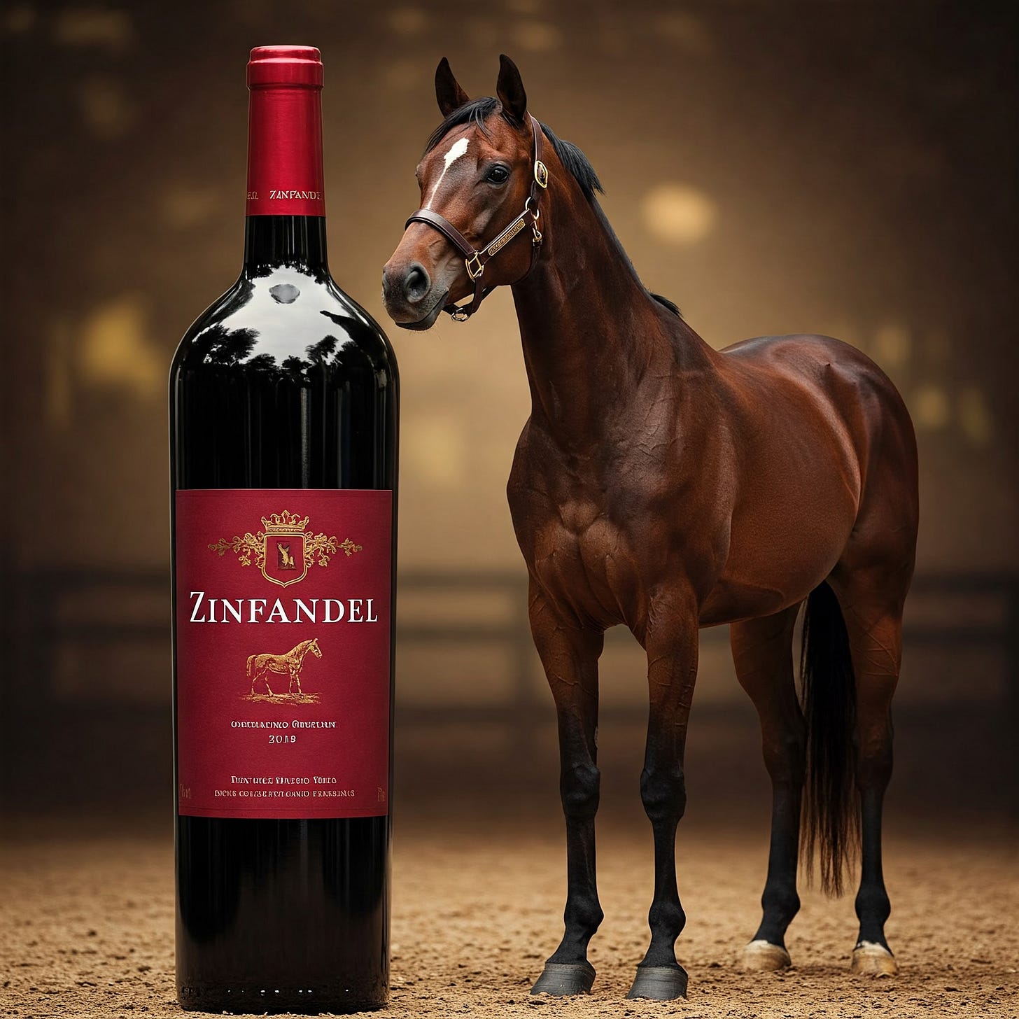 A racehorse standing beside an oversize bottle of wine labelled Zinfandel