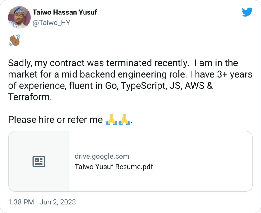 Taiwo Hassan Yusuf @Taiwo_HY ๐๐พ Sadly, my contract was terminated recently. I am in the market for a mid backend engineering role. I have 3+ years of experience, fluent in Go, TypeScript, JS, AWS & Terraform. Please hire or refer me ๐๐. Taiwo Hassan Yusuf @Taiwo_HY ๐๐พ Sadly, my contract was terminated recently. I am in the market for a mid backend engineering role. I have 3+ years of experience, fluent in Go, TypeScript, JS, AWS & Terraform. Please hire or refer me ๐๐.