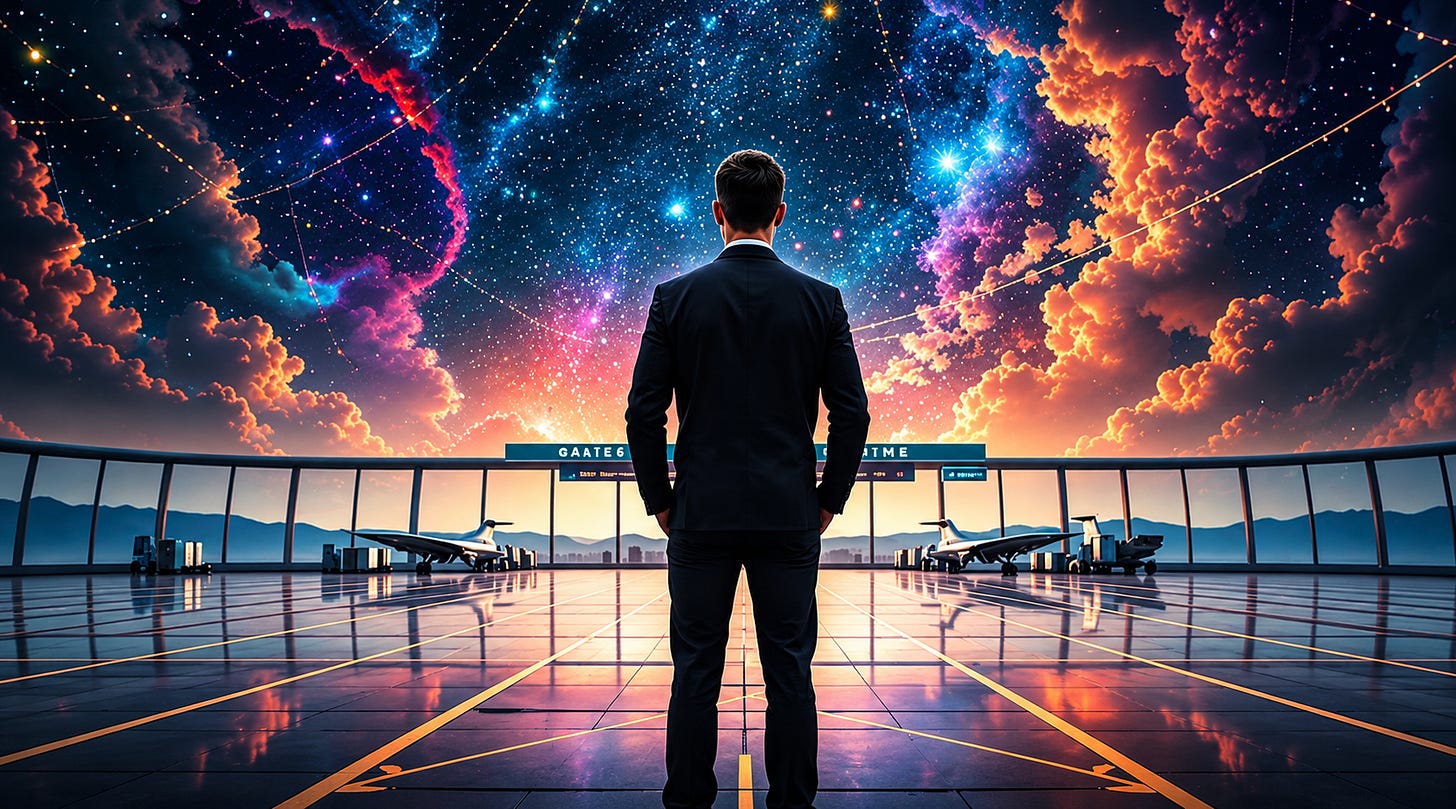 A man standing in the middle of an airport. A man standing in the middle of an airport.