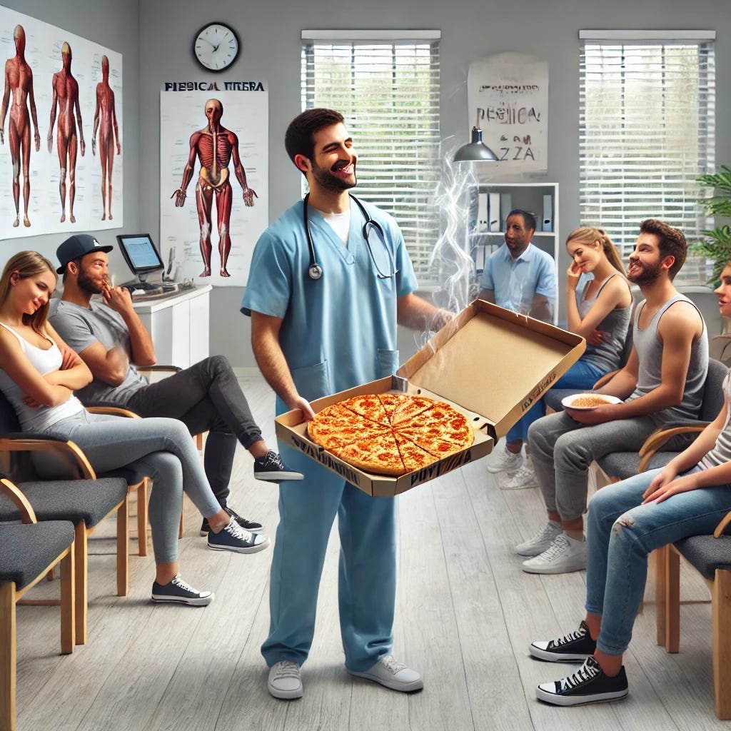 A realistic and slightly humorous scene in the waiting area of a modern physical therapy clinic. A clinician in scrubs is offering fresh, hot pizza from an open box to a group of visibly frustrated or angry patients seated around the room. The clinician is smiling, trying to lighten the mood. Steam rises from the pizza to show it's fresh. The waiting area has clean white walls, motivational posters, a reception desk in the background, and a few medical touches like anatomical models. Patients are dressed casually and appear annoyed but are starting to soften as pizza is offered. A realistic and slightly humorous scene in the waiting area of a modern physical therapy clinic. A clinician in scrubs is offering fresh, hot pizza from an open box to a group of visibly frustrated or angry patients seated around the room. The clinician is smiling, trying to lighten the mood. Steam rises from the pizza to show it's fresh. The waiting area has clean white walls, motivational posters, a reception desk in the background, and a few medical touches like anatomical models. Patients are dressed casually and appear annoyed but are starting to soften as pizza is offered.