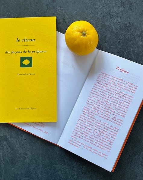 Three images of two different paper pamphlets coloured yellow and orange, with recipes and articles about lemons and orange blossom
