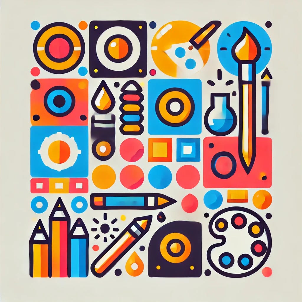 A simplified, bold, and flat design representing art appreciation. Bright, solid colors form basic geometric shapes like circles, squares, and triangles, combined with simple icons of art tools such as a paintbrush, pencil, and palette. The design is minimalist, yet striking, with thick lines and a focus on fun, creativity, and novelty. The color palette remains vibrant and playful, evoking the excitement and joy of learning about art.