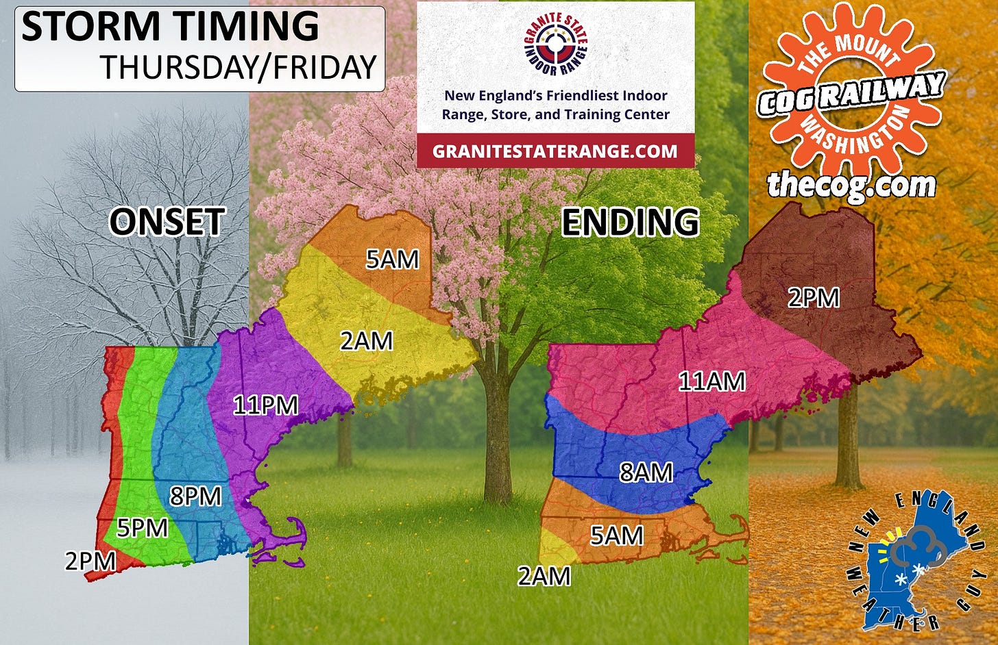 May be a graphic of map and text that says 'STORM THURSDAY/FRIDAY /FRIDAY New England's Friendliest Indoor Range, Store, and Training Center ONSET GRANITESTATERANGE.COM HE MOUNT GRAILW RAIL ΑИΝCO thecog.com തുട്ട് com 5AM ENDING 2AM 11PM 2PM 11AM 8PM 5PM 2 8AM 5AM 2AM U ថ'