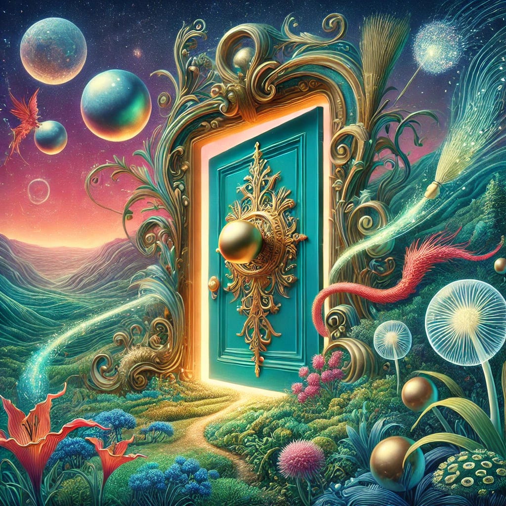 A surreal and intricate illustration inspired by Xavier Ellery's 'The Doors' at the MET. The centerpiece is a glowing, ornate doorknob with celestial and organic elements—spheres, broomsticks, and flowing natural motifs. Surrounding the doorknob, an abstract doorway emerges into a vibrant, otherworldly landscape. Hills and hillocks in cerulean and sage hues intertwine with glowing gold trails. Ethereal, sparkling white hinds appear faintly, blending with symbols of presence and connection. The environment is lush with green foliage, vibrant flowers, and mystical plants like blue vervain and sundews, illuminated by soft pink and purple dawn light. A red dragon coils subtly in the background, its form blending with surreal dreamlike textures. The overall composition evokes mystical transformation, inviting the viewer to turn the knob and step into the unknown. A surreal and intricate illustration inspired by Xavier Ellery's 'The Doors' at the MET. The centerpiece is a glowing, ornate doorknob with celestial and organic elements—spheres, broomsticks, and flowing natural motifs. Surrounding the doorknob, an abstract doorway emerges into a vibrant, otherworldly landscape. Hills and hillocks in cerulean and sage hues intertwine with glowing gold trails. Ethereal, sparkling white hinds appear faintly, blending with symbols of presence and connection. The environment is lush with green foliage, vibrant flowers, and mystical plants like blue vervain and sundews, illuminated by soft pink and purple dawn light. A red dragon coils subtly in the background, its form blending with surreal dreamlike textures. The overall composition evokes mystical transformation, inviting the viewer to turn the knob and step into the unknown.