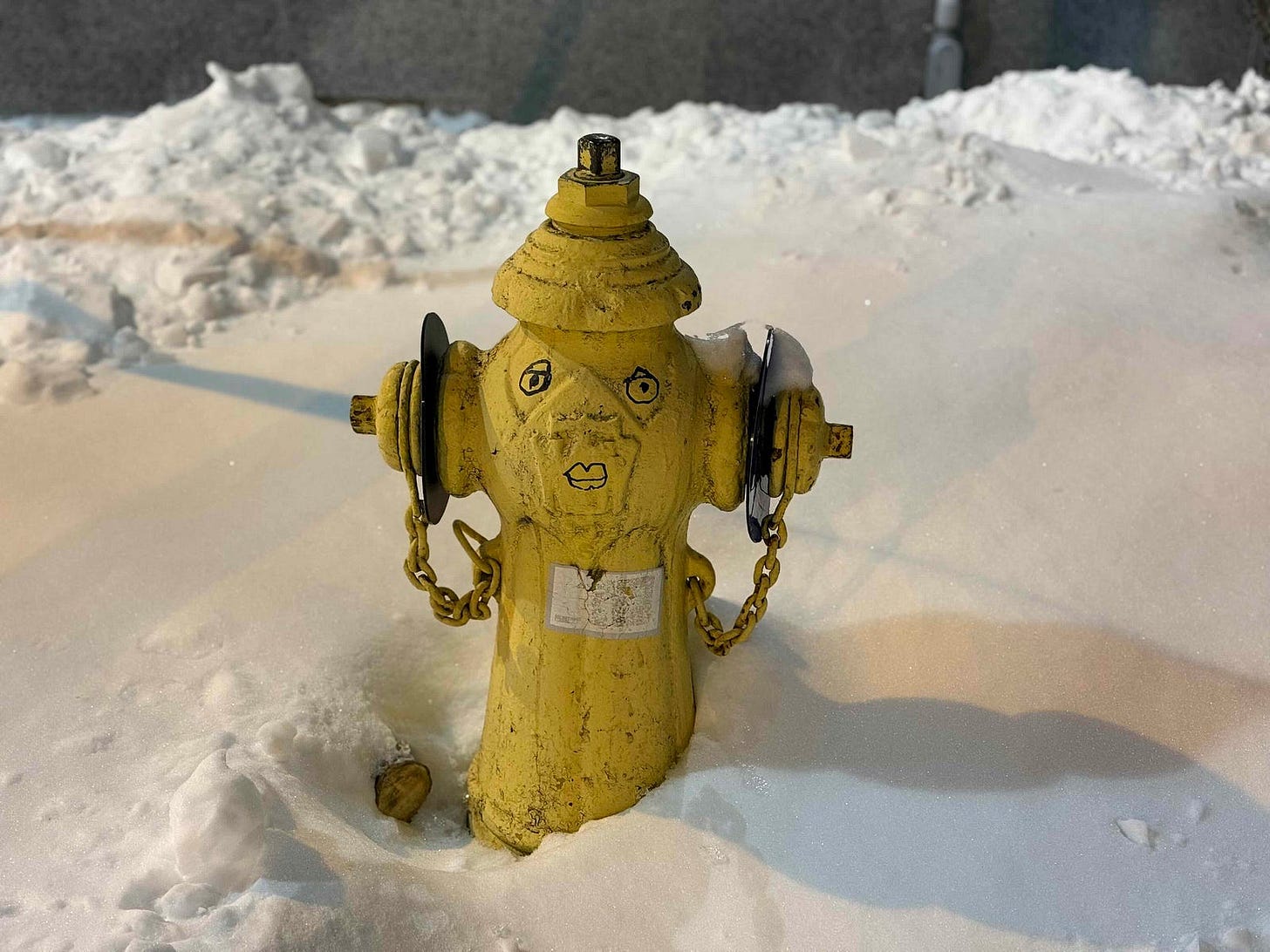 A yellow fire hydrant is partially buried in snow. The hydrant has a face drawn on it with black marker, including eyes, a nose, and a mouth. The background shows a snow-covered ground and a gray wall. The image presents a whimsical scene where a fire hydrant appears to have a playful expression in a snowy setting. A yellow fire hydrant is partially buried in snow. The hydrant has a face drawn on it with black marker, including eyes, a nose, and a mouth. The background shows a snow-covered ground and a gray wall. The image presents a whimsical scene where a fire hydrant appears to have a playful expression in a snowy setting.