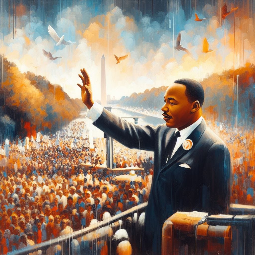 Dr. Martin Luther King Jr. delivering his ‘I Have a Dream’ speech at a peace rally in Washington D.C., surrounded by hundreds of thousands of people and members of the press.
