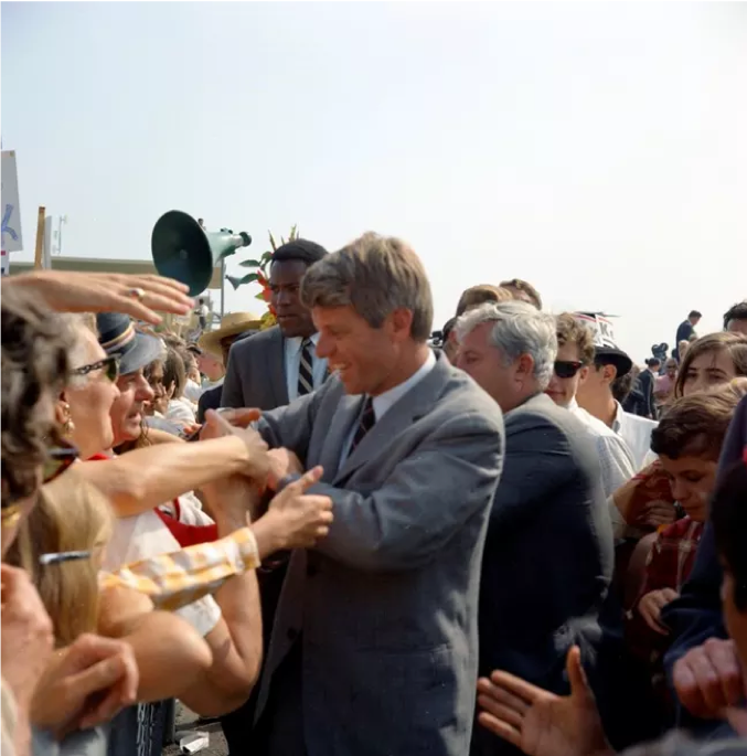 Senator Robert F. Kennedy announced his presidential campaign on March 16, 1968. Here he greets supporters at the Orange County Airport, CA, on June 2, 1968.