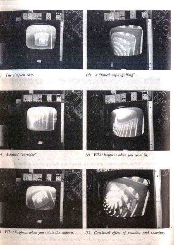 Twelve different images of television screens showing the fractal patterns that appear when you point a video camera at a screen that shows what the camera is recording