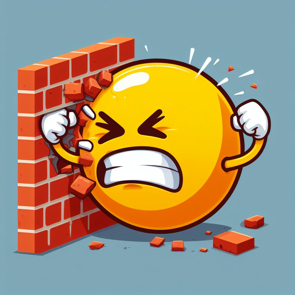 A frustrated-looking emoticon banging its head against a brick wall.