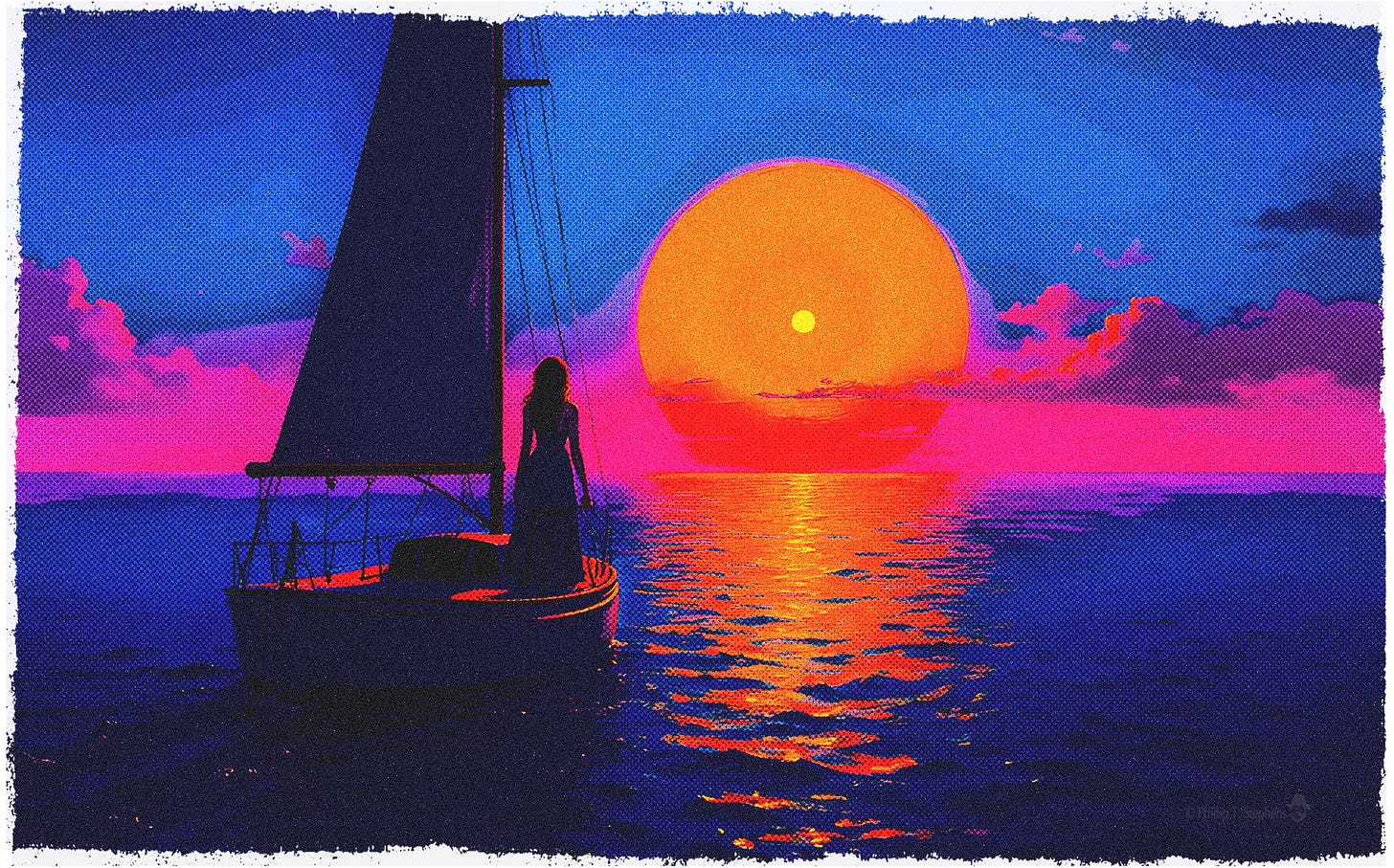 A woman sails into the sunset