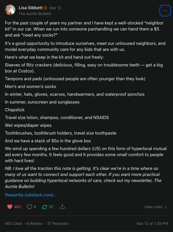 Social media post from Lisa Sibbett of The Auntie Bulletin describing a "neighbor kit" kept in their car for spontaneous community care. The post lists items including Ritz crackers, tampons and pads, socks, seasonal weather gear, chapstick, travel-size toiletries, wet wipes, and toothbrushes, plus $5 bills. The text explains this practice as a way to introduce themselves, meet unhoused neighbors, and model everyday community care for children who are with them.