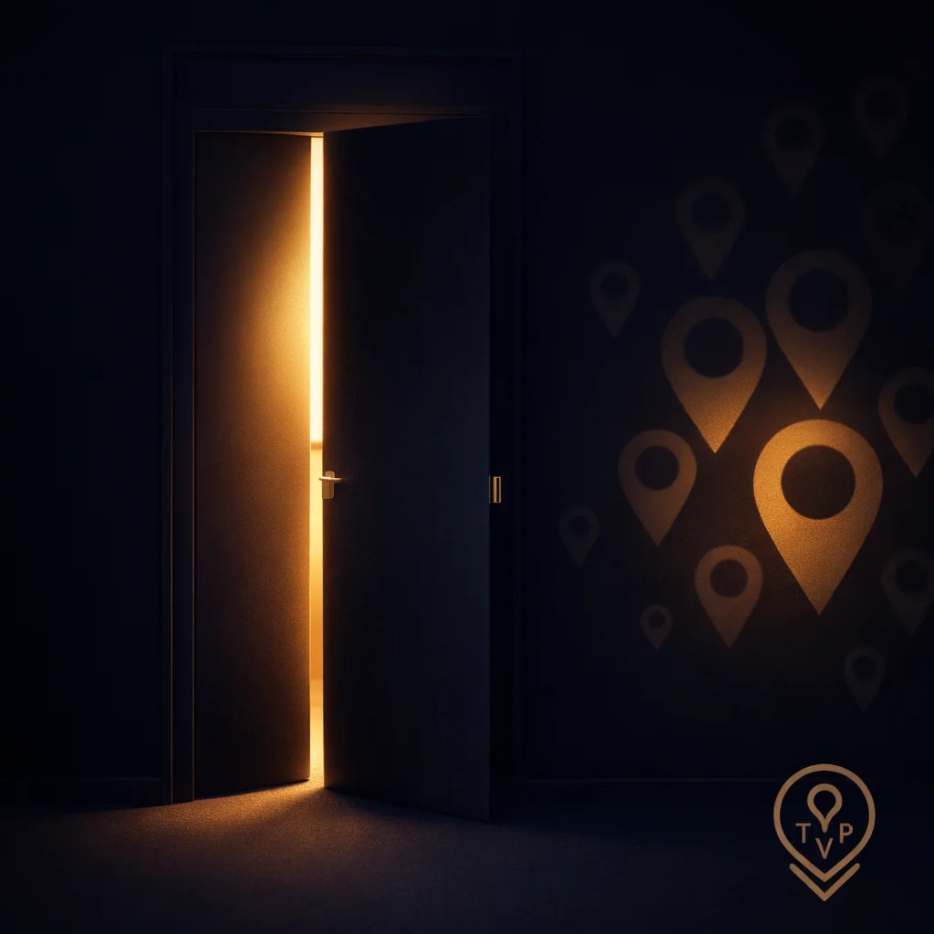 The Visible Practitioner GEO educational image January 2026. Door ajar with golden light and fading location pins representing visual practitioners invisible to AI despite strong portfolios.