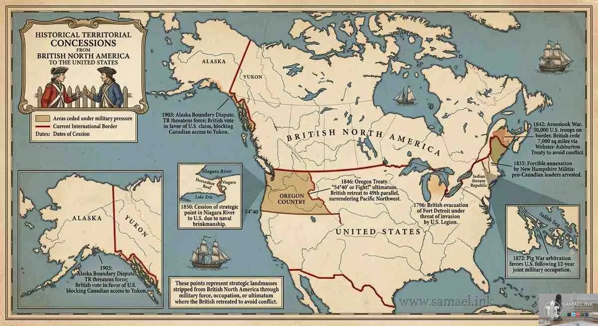 ​An antique-style map of North America titled "Historical Territorial Concessions from British North America to the United States." The map uses tan and cream tones with red borders to highlight several regions along the current U.S.-Canada border—including parts of Maine, the Great Lakes, the Pacific Northwest, and the Alaskan Panhandle—annotated with historical dates and descriptions of military or diplomatic pressure.