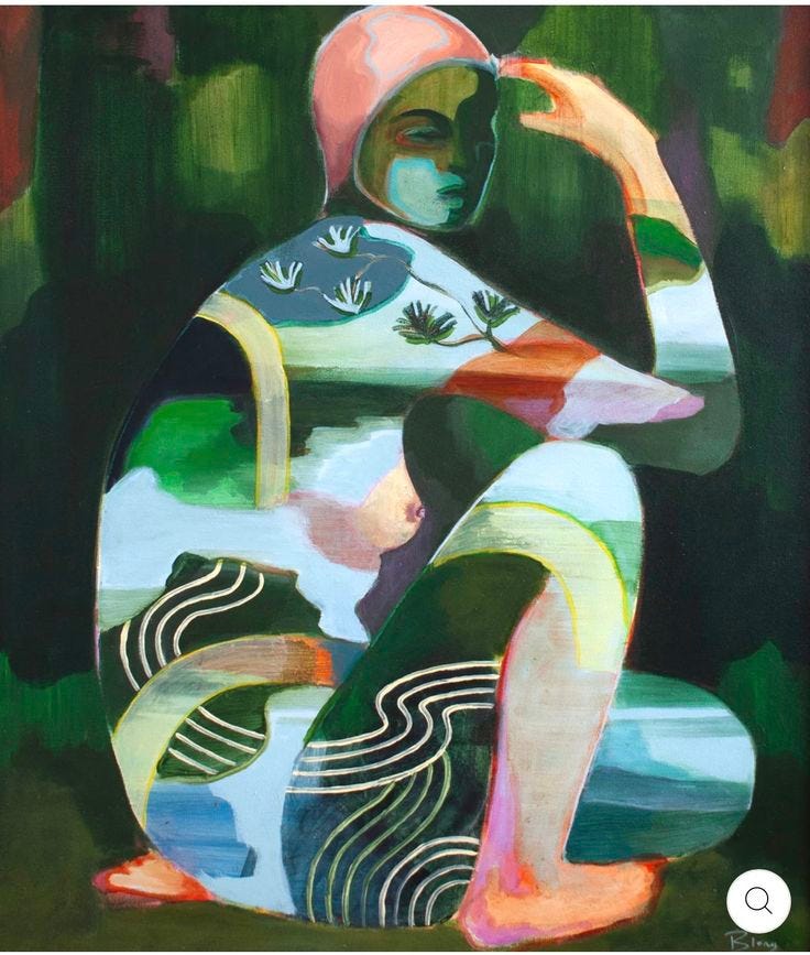 This may contain: a painting of a woman sitting on the ground with her hand up to her face This may contain: a painting of a woman sitting on the ground with her hand up to her face