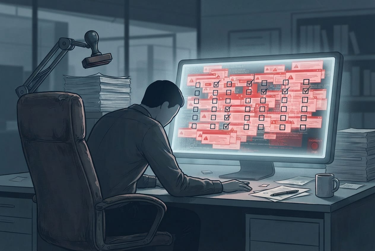 Minh họa một biên tập viên trước màn hình đầy cảnh báo đỏ và checkbox rỗng, với nút dừng khẩn cấp mờ nhạt và con dấu cao su lơ lửng trên chồng bản thảo.