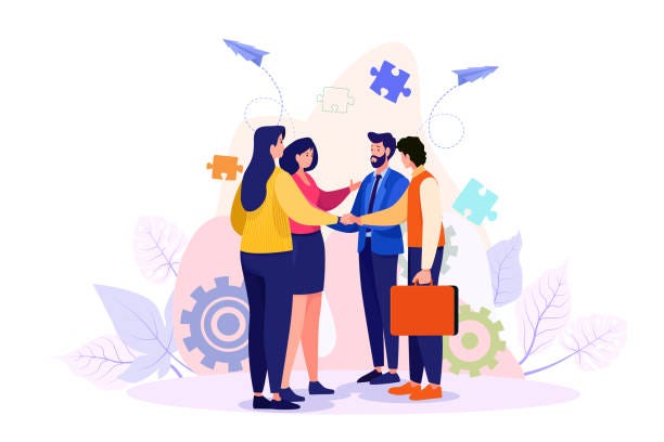 team of business people celebrate success in work collaboration together, giving high five with joy. unity and support between colleagues concept. flat vector illustration isolated on white background - meeting cartoon stock illustrations