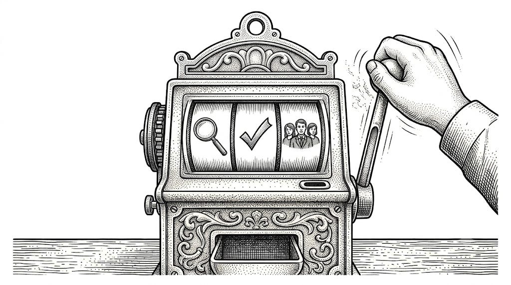 A nondeterministic model is a slot machine by default; the three reels are hunt, self, and tribe.