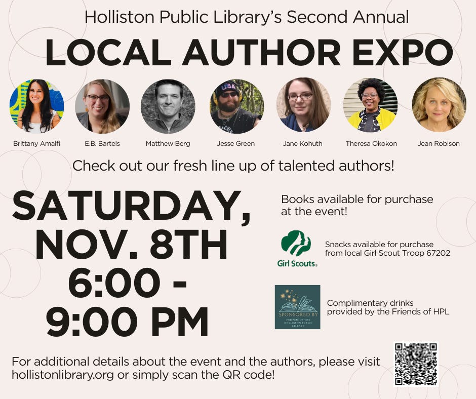 Flyer for Holliston Public Library's local author expo on 11/8/25.