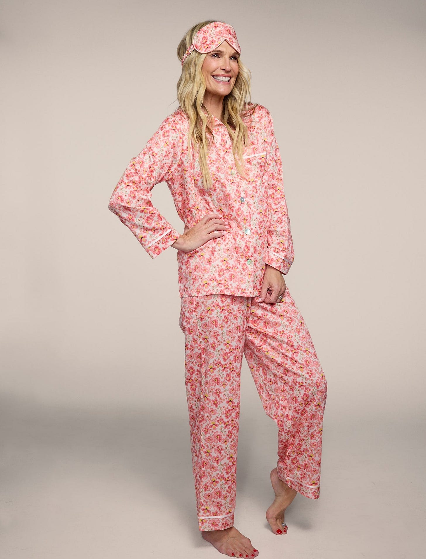 Molly Sims Cotton Full Length PJ Set & Eye Mask