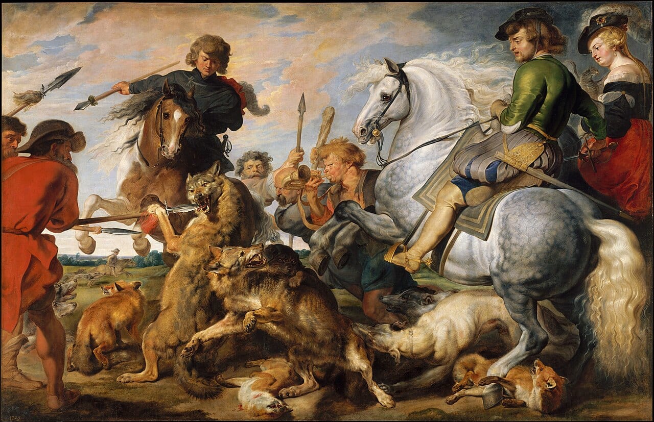 Hunters closing in on wolves and foxes in a mass of spears