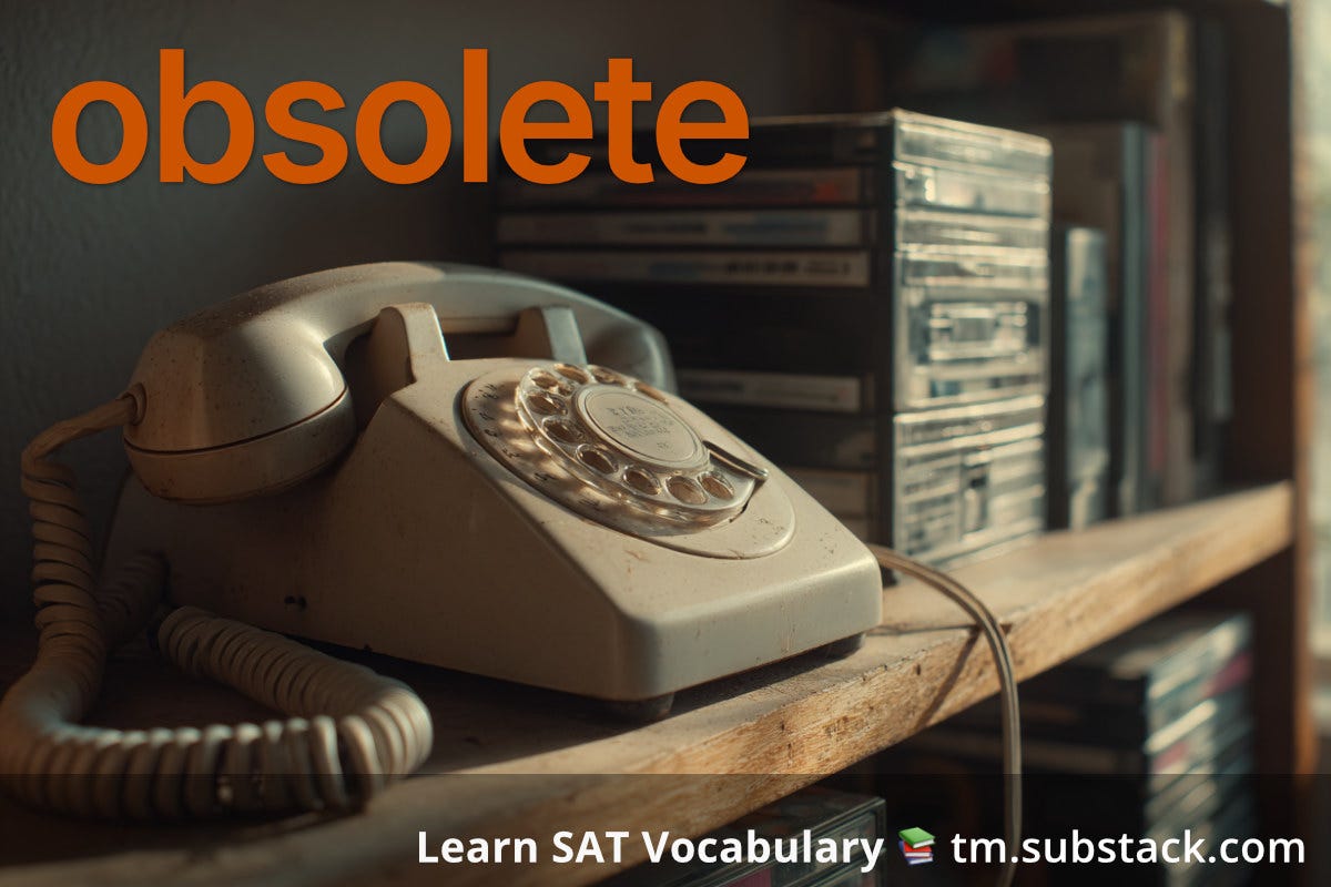 obsolete — no longer useful or in common use. A dusty rotary phone sits forgotten on a shelf beside old media, showing technology replaced by newer devices.