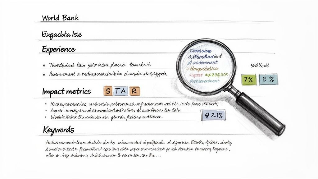 A detailed sketch of a World Bank career document with sections for experience, impact metrics, and keywords, featuring a magnifying glass. A detailed sketch of a World Bank career document with sections for experience, impact metrics, and keywords, featuring a magnifying glass.