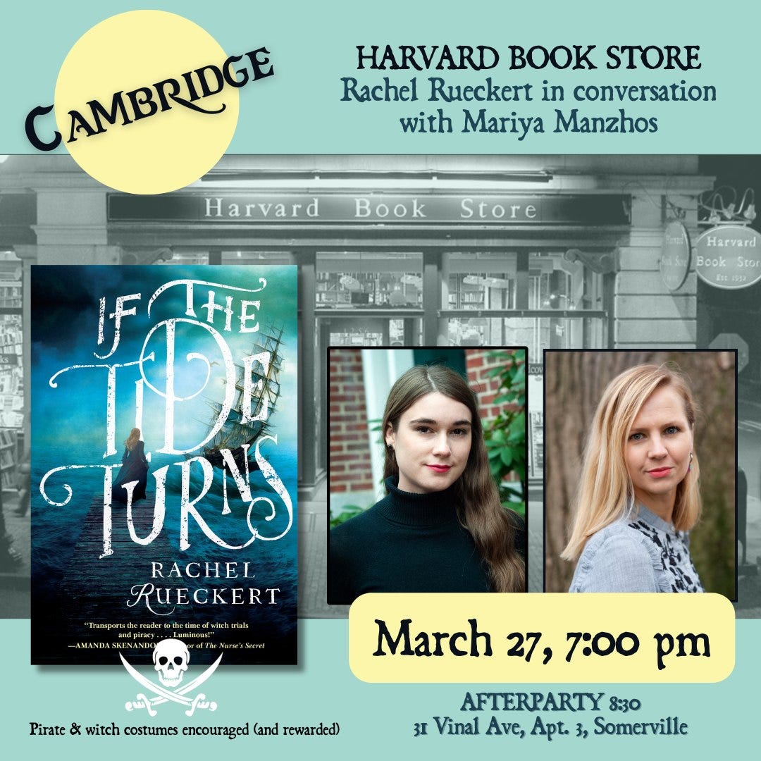 May be an image of 2 people and text that says 'HARVARD BOOK STORE Rachel Rueckert in conversation with Mariya Manzhos CAMBRIDGE Harvard Book Store Harvard Book Stor IFAHE TUR'S RACHEL RUECKERT Transportsthe Ûh”tim Pirate & witch costumes encouraged and rewarded) March 27, 7:00 pm AFTERPARTY 8:30 3I Vinal Ave, Apt. 3, Somerville'