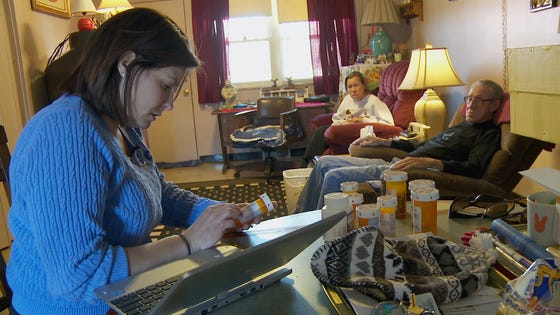 Nurse practitioner Jessica Macleod reviews the prescriptions of Wink and Patty Sherrill in "The Invisible Patients," a 2016 documentary directed by Patrick O'Connor. Nurse practitioner Jessica Macleod reviews the prescriptions of Wink and Patty Sherrill in "The Invisible Patients," a 2016 documentary directed by Patrick O'Connor.