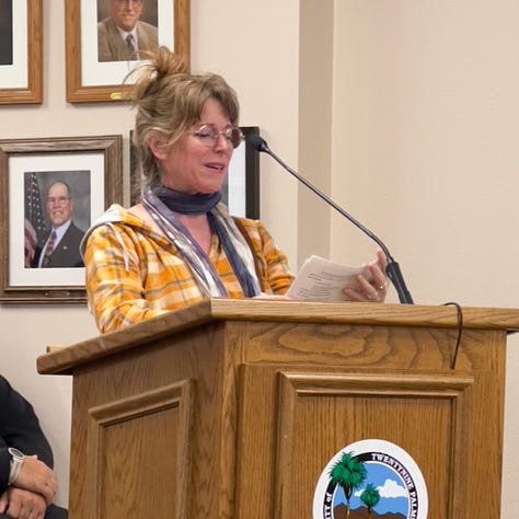 Wendy Hunt, Anna Stump, Gretchen Grunt, Eileen Leslie, Mary Jane Binge and Marco Del Piero speaking during public comment in support of the 29 Palms' Farmers Market