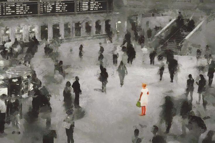 This may contain: a crowd of people walking around a train station in black and white with an orange head