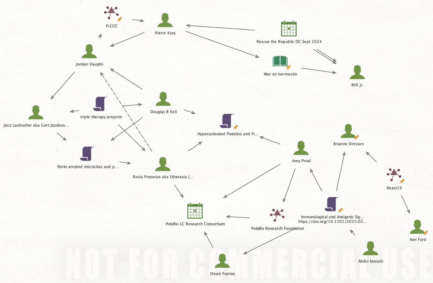 network map showing connections between researchers like Akiko Iwasaki to alternative cure researchers like David Putrino and functional medicine researchers like Douglas Kell, and anti-vaxxers like Pierre Kory and Jordan Vaughn.