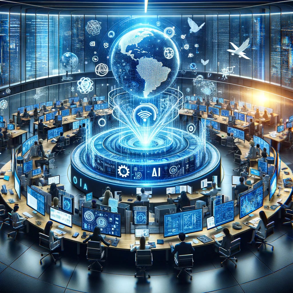 Create an image that symbolizes the concept of an AI Center of Excellence (CoE) within an organization. The image should depict a centralized, futuristic hub filled with innovative technologies, such as computers with AI algorithms on the screen, collaborative workspaces, and data flowing between devices. It should also feature a diverse team of professionals working together, including data scientists, engineers, and strategists, all engaged in activities like analyzing data, developing AI models, and strategic planning. The atmosphere should convey a blend of innovation, teamwork, and cutting-edge technology, with elements that suggest ethical considerations, like privacy shields or secure data connections, and a backdrop that incorporates global connectivity to emphasize the unit's impact on the organization's worldwide operations.