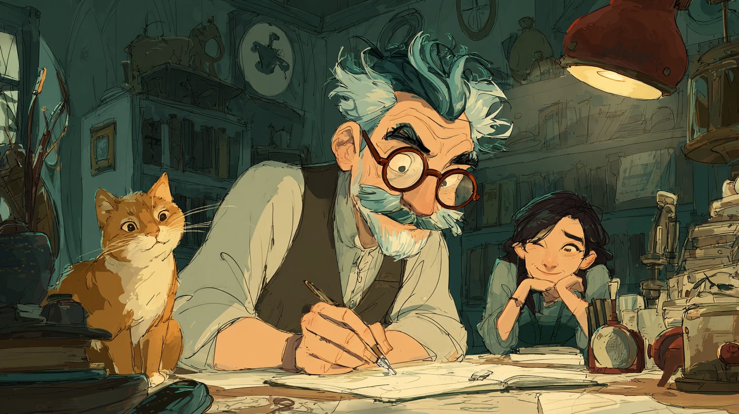 writer with a teenage muse and a cat looking on