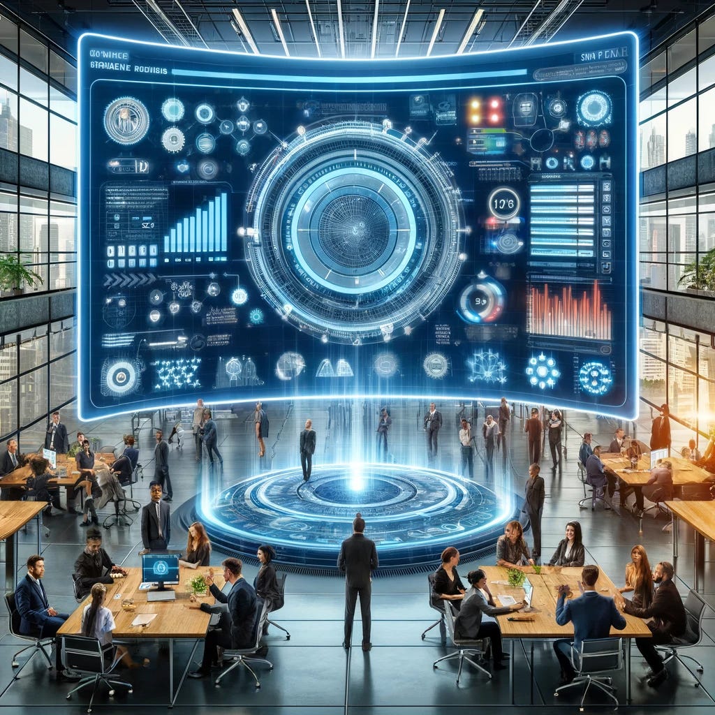 Imagine a modern, brightly lit office environment where the TechForward Inc. team is engaging with a futuristic AI-driven platform named PowerShare. This platform is depicted as a large, interactive digital screen with an intuitive, user-friendly interface. On the screen, dynamic flowcharts and data visualizations represent the allocation of leadership roles and decision-making responsibilities, shifting fluidly based on project needs and team members' expertise. Around the screen, diverse employees collaborate, with some discussing projects in small groups while others engage with the platform, making suggestions or receiving guidance. The atmosphere is one of enthusiasm and mutual respect, highlighting a culture of collaboration. Visual cues such as icons or avatars on the screen indicate leadership roles, tasks, and team interactions, showcasing the system's ability to identify and adjust power dynamics and ensure a balanced distribution of responsibilities. The office space reflects an open and flexible work environment, with no rigid hierarchies or secluded offices, embodying the fluid and equitable distribution of power within the organization.