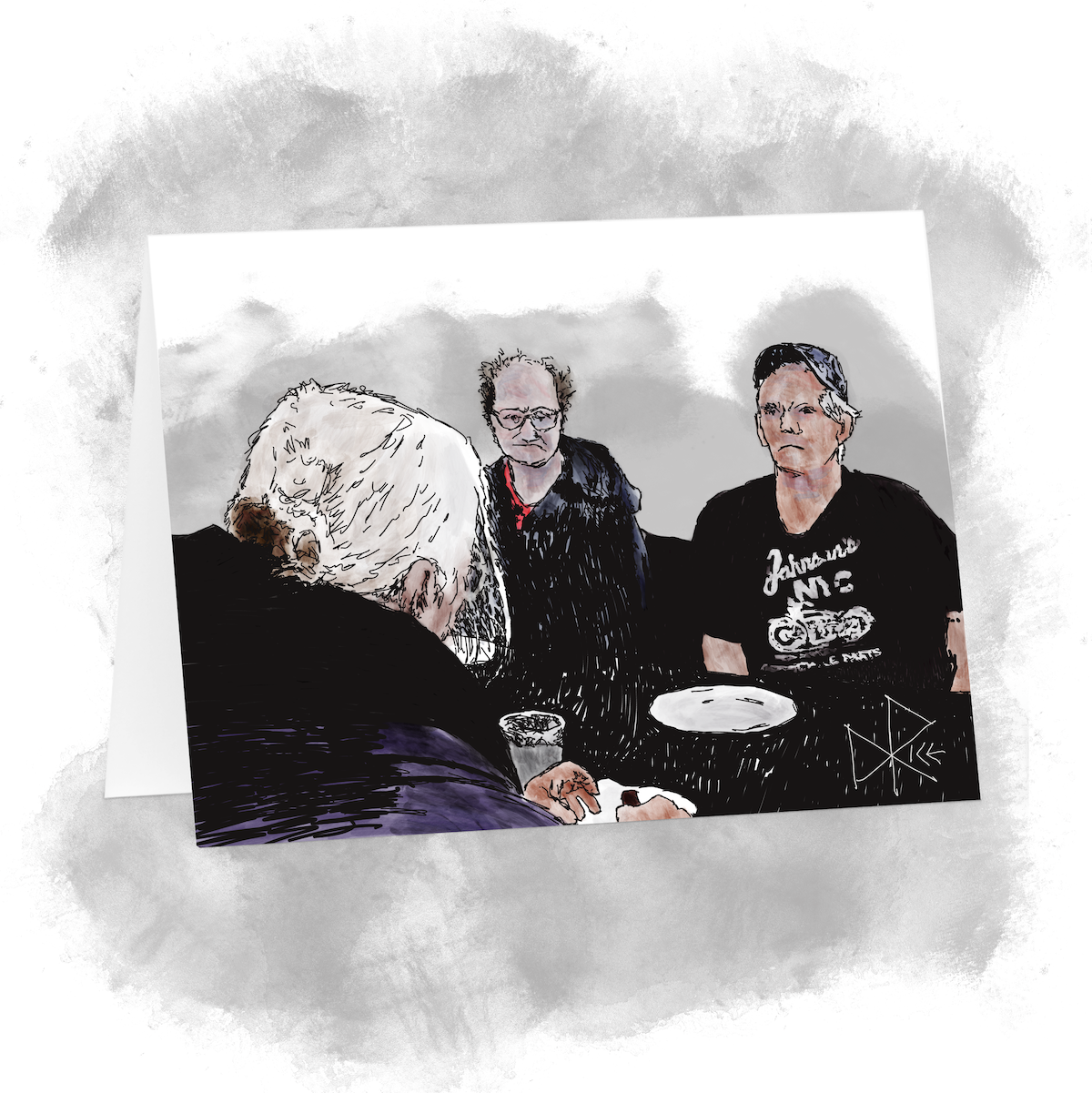 Three older people seated at a table, with plates of food. They are quiet and contemplative. Sketch art by Don Rice.