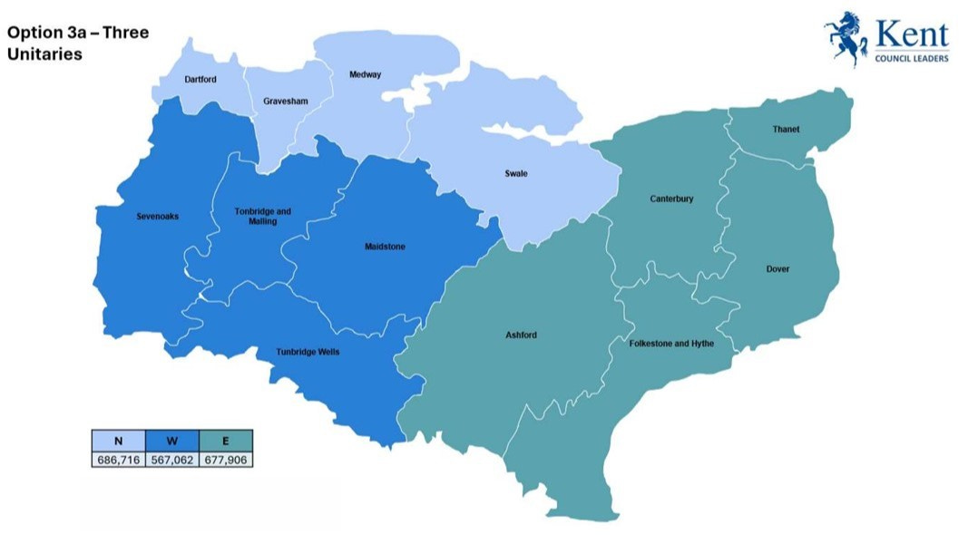 A map of Kent showing the possible make-up of councils in the future. It splits it as follows: Three unitary councils consisting of Dartford, Gravesham, Medway and Swale in the north; Sevenoaks, Tonbridge and Malling, Maidstone and Tunbridge Wells in the west and Ashford, Canterbury, Thanet, Dover and Folkestone and Hythe in the east.  A map of Kent showing the possible make-up of councils in the future. It splits it as follows: Three unitary councils consisting of Dartford, Gravesham, Medway and Swale in the north; Sevenoaks, Tonbridge and Malling, Maidstone and Tunbridge Wells in the west and Ashford, Canterbury, Thanet, Dover and Folkestone and Hythe in the east.