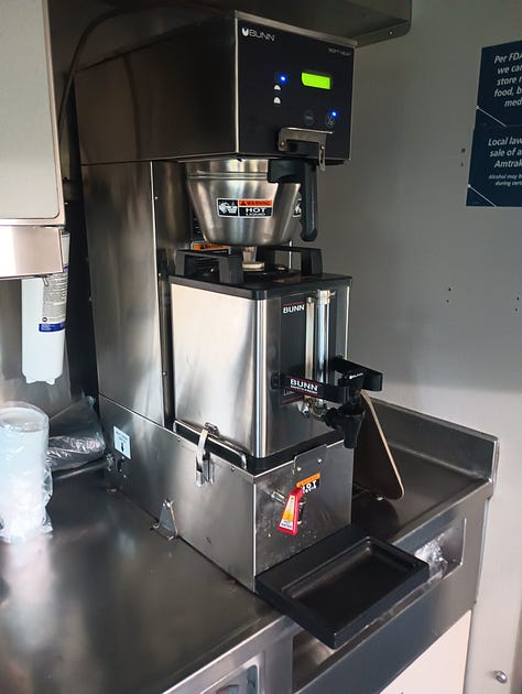 Bunn coffee maker, looking down the dining car on one train, looking down another dining car, the menu, chicken dinner on the train