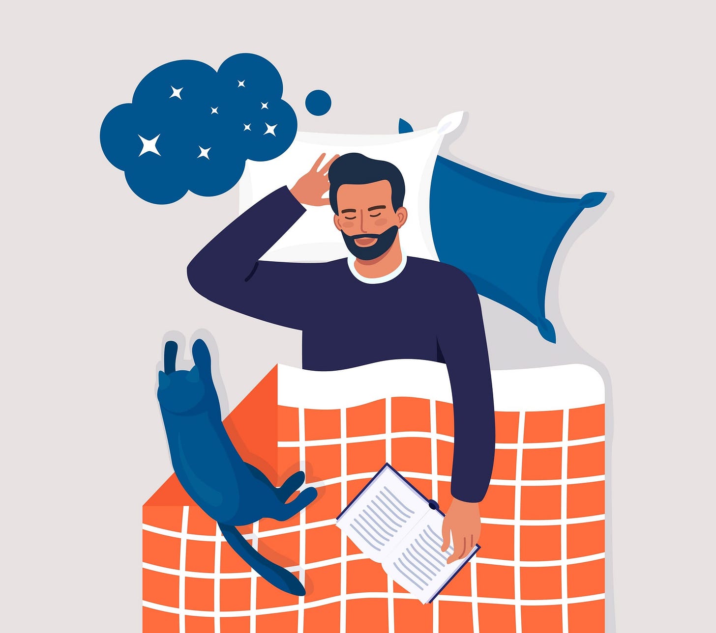 Illustration of man sleeping with book and dreaming Illustration of man sleeping with book and dreaming