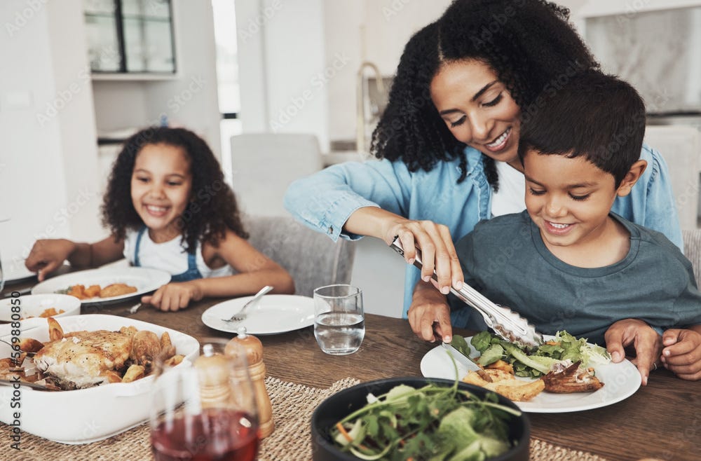 Foto de Mom, children and eating food in home together for lunch ...
