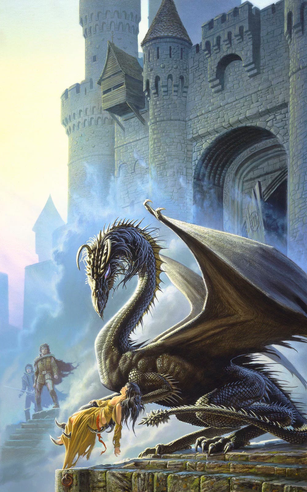 On a platform in front of a stone castle wall a black dragon rises on back legs while holding out an unconscious woman in its clawed forelimbs. There’s intelligence reflected in the slit of purple eyes that focus downward. On its head, it has a pair of curving, forward facing horns, a short shaggy mane, and a fin that runs down the back of its long, sinuous neck. Its form is all scales and bristles, but despite the fearsome appearance its body language suggests gentle care. Farther back, a pair of men stand on mist shrouded stairs leading down from the front of the castle. A drawbridge carved with the artist’s sigil tilts forward slightly ajar.