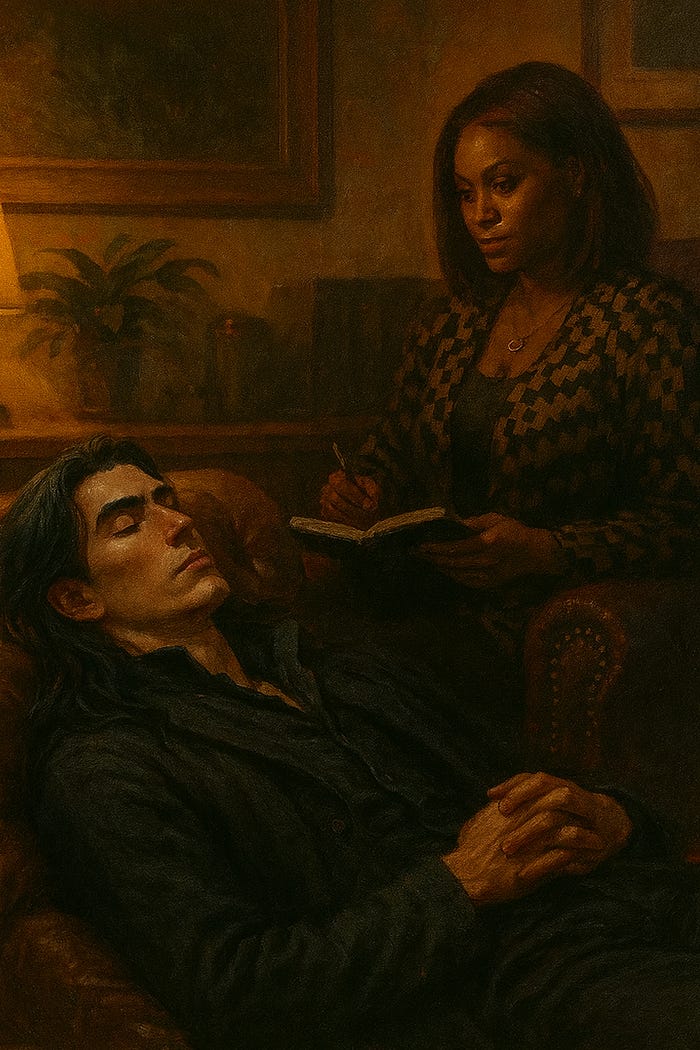 A realistic oil painting of a pale, dark-haired man — Lazriel Moreau — reclining on a leather therapy couch in a warmly lit office. He’s dressed in dark, timeless clothing, eyes half-lidded, one hand resting over his chest as he listens. The room is lined with bookshelves, a small glowing lamp, and personal touches like a mug and potted plant. Across from him, unseen, sits Dr. Elara Voss.