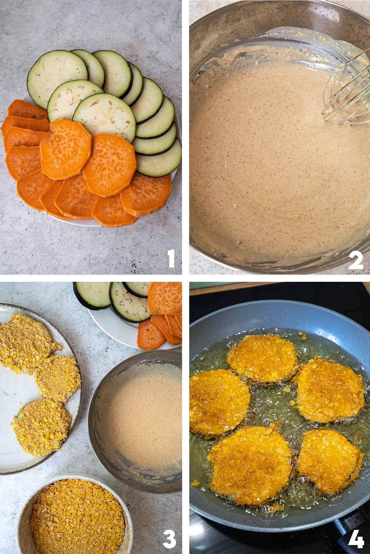 Slicing the veggies, preparing the coating mixture, coating the veggies, breading the veggies, and frying. 