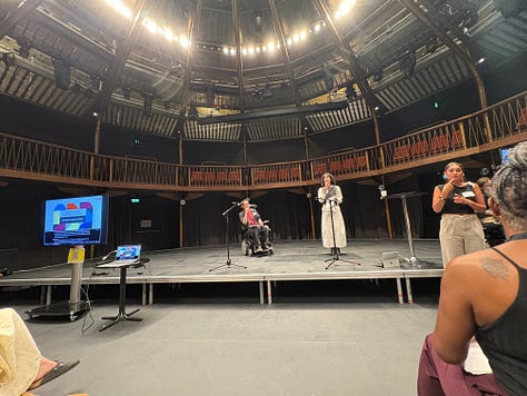 Photos of the stage and the screen of the cover launch, one screen shows a slide about an accessible playground with wheelchair accessible plays